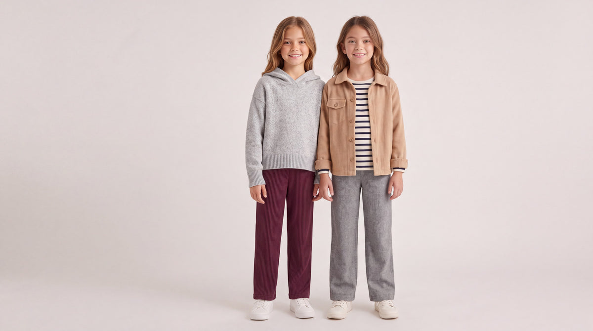 Gri triko sweatshirt ve fitilli tayt giymiş çocuk